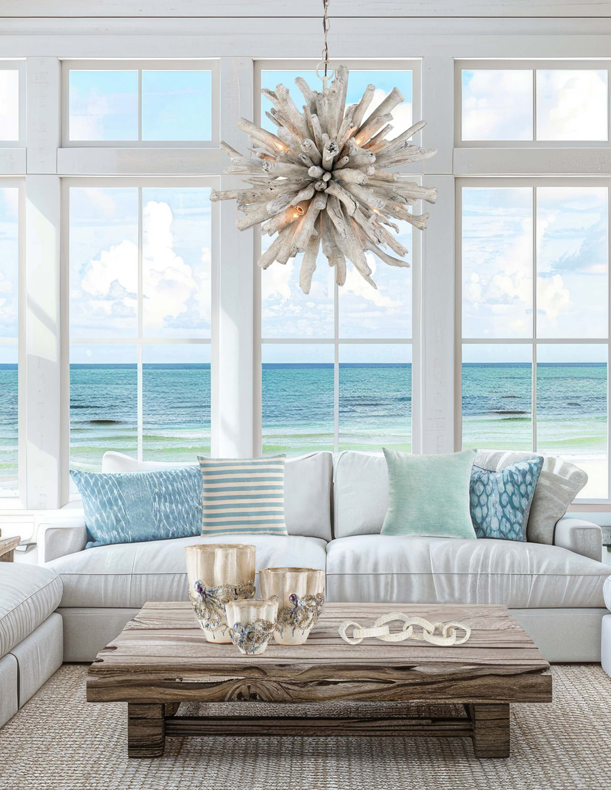 Home coastal Decor living room with ocean view