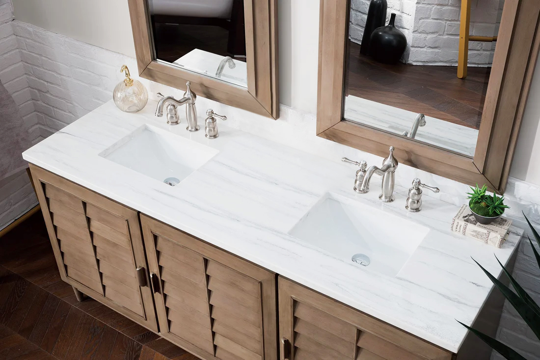 Modern double sink wood and white granite vanity