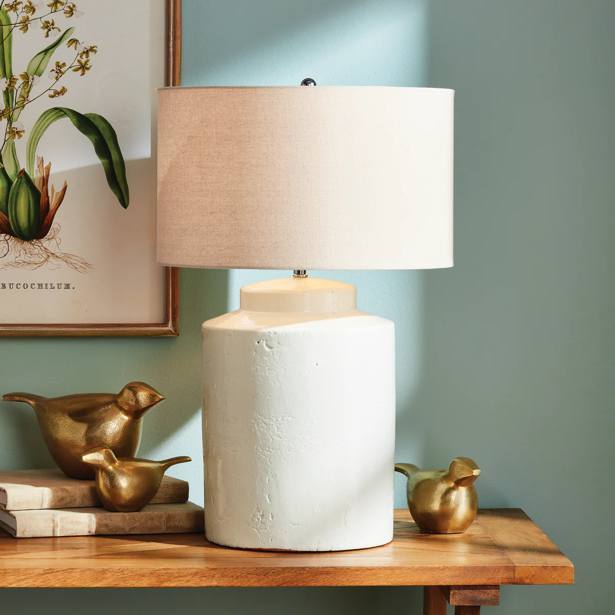 White ceramic table lamp with gold birds decor